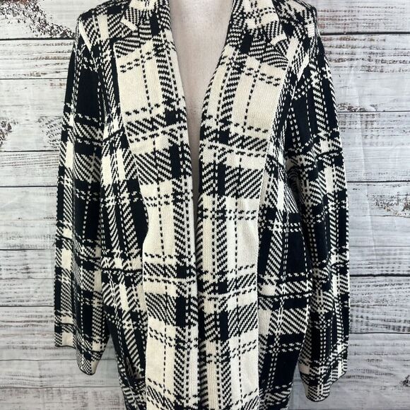 Chaps Duster Long Cardigan Sweater Plus size 2X Black Ivory Plaid Stretch Preppy - Picture 7 of 14